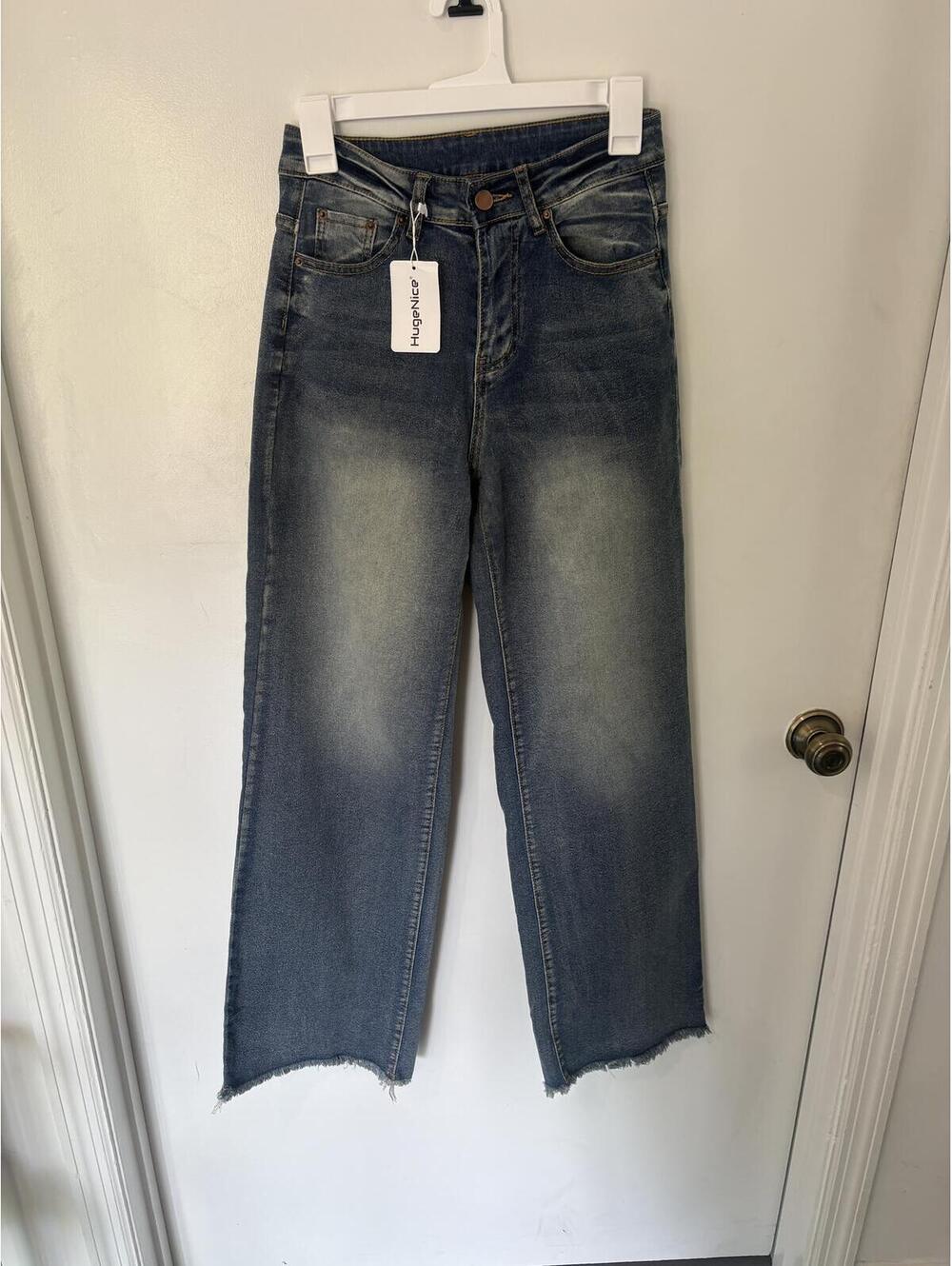 Hug Nice Women's High-Rise Wide Leg Jeans Size S 28x30 Raw Hem Blue Wash